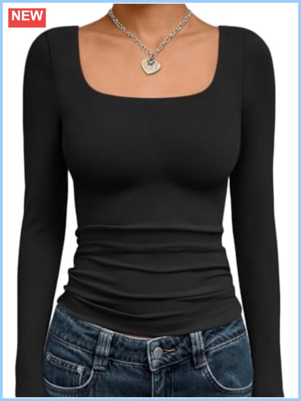 Women's Square Neck Long Sleeve Top Double Lined Form Fitting Basic Tee